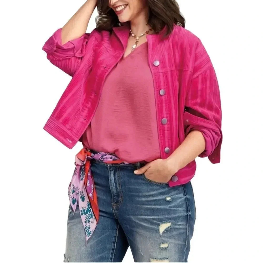 CAbi Women Size Small Pink Cheeky Topper Corduroy Bomber Jacket